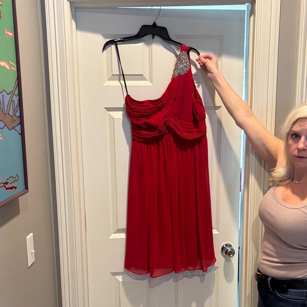 Calvin Klein Red One-Shoulder Cocktail Dress with Beaded Accent